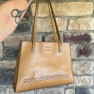 VTG 90s Mondani New York Tan Laser Cut Floral Purse Tote Bag
